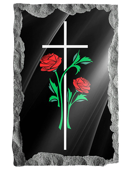 Image of plain cross with roses etched in color on a black granite background