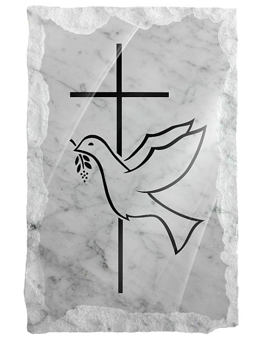 Image symbolizing The Holy Spirit and a plain cross etched on a white marble background