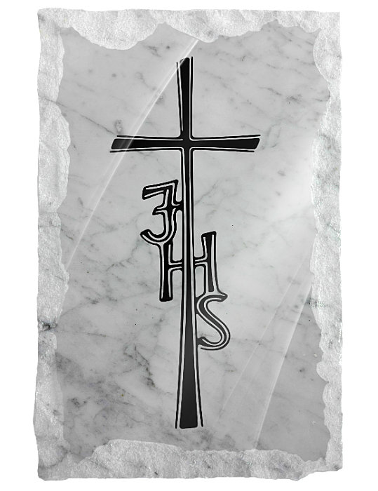 Image of modern cross with IHS (I have suffered) etched on a white marble background