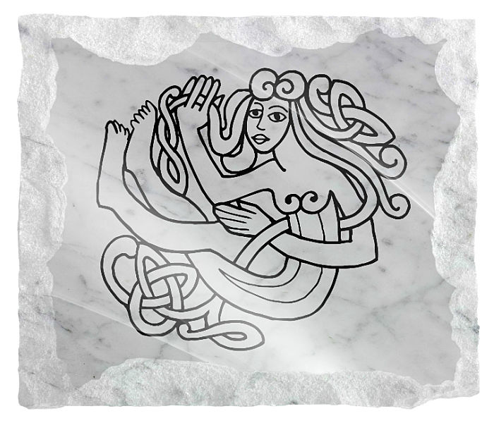 Celtic Image of a Woman etched on a white marble background