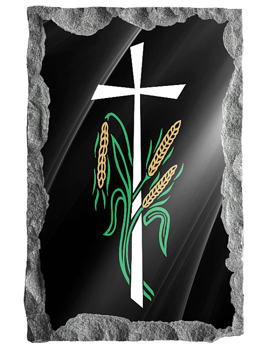 Image of modern cross and wheat etched in color on a black granite background