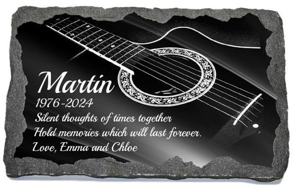 Guitar Grave Plaques with laser engraved string instruments images