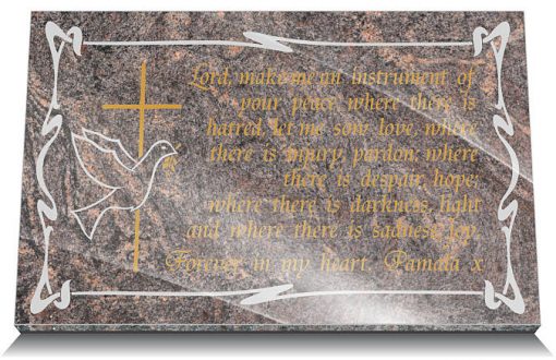 grave Plaque with cross and dove image engraved in granite