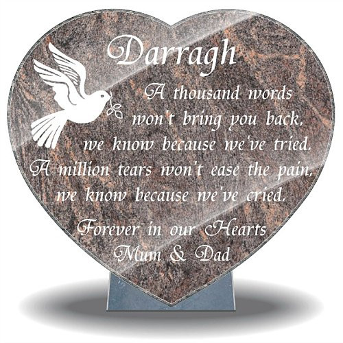 Grave plaque for loss of son with dove and memorial poem