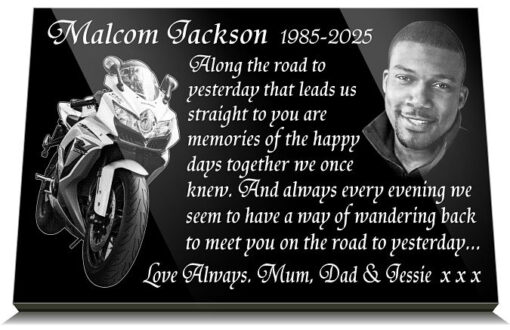 Motorcycle grave plaques with rider memorial quotes for headstones
