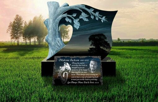 Motorcycle memorial plaques for gravestones with rider memorial quotes and photograph