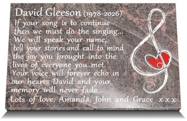 Musical Gravestone Plaque with memorial quotes for musicians