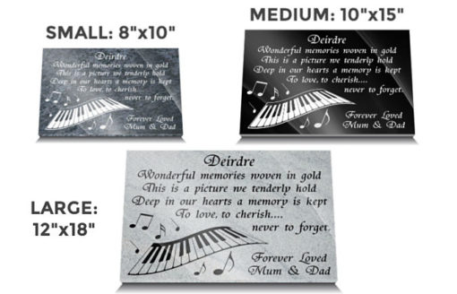 Music Memorial grave plaques with memorial poems and keyboard remembrance image