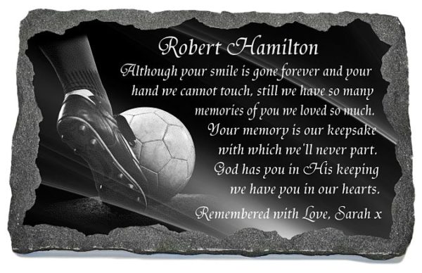 Football Memorial Plaques for Graves with Soccer Ball laser-engraved to granite
