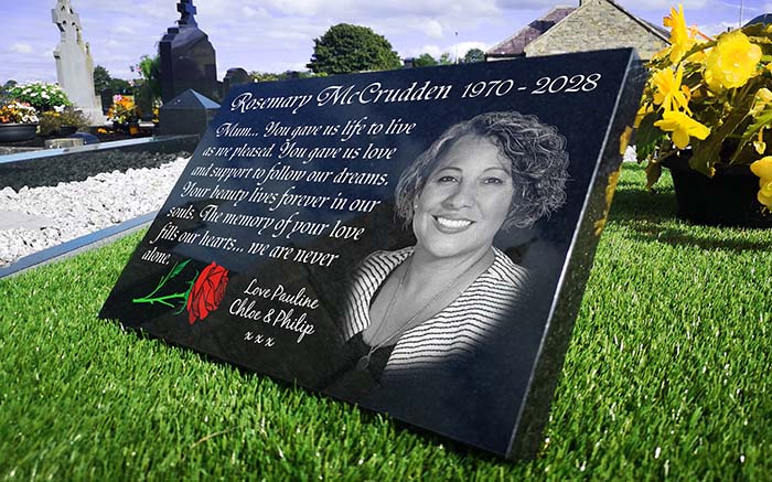 Granite grave plaque with laser-engraved photo, rose and inscriptions