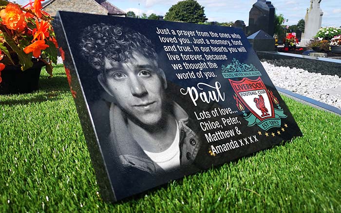 Black Granite grave plaque with portrait and Liverpool crest.
