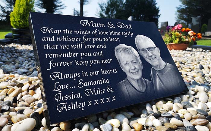Portrait memorial plaque for a mother and father