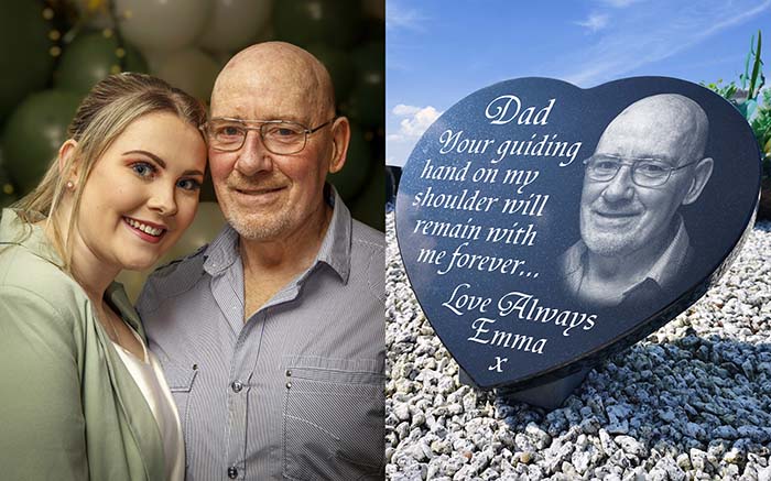 Heart shaped grave marker with father photo and remembrance verse